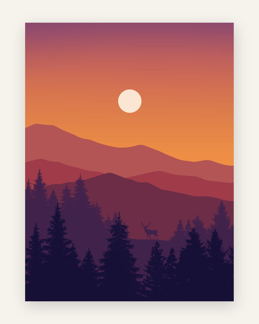 Børneplakat med lille hjortesilhuet i retro solnedgang med lilla og orange himmel og mørke nåletræer til børneværelset