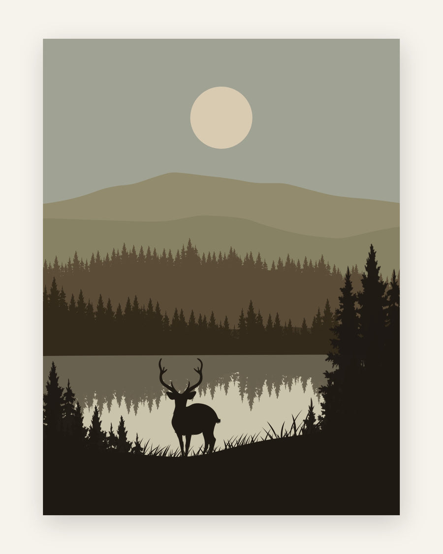 Børneplakat med hjortesilhuet ved en spejlblank skovsø i grønne og jordnære toner med bleg sol til drengeværelset