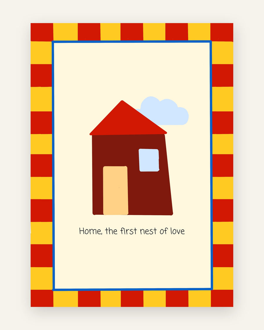 Børneplakat med home the first nest of love i røde toner til børneværelset