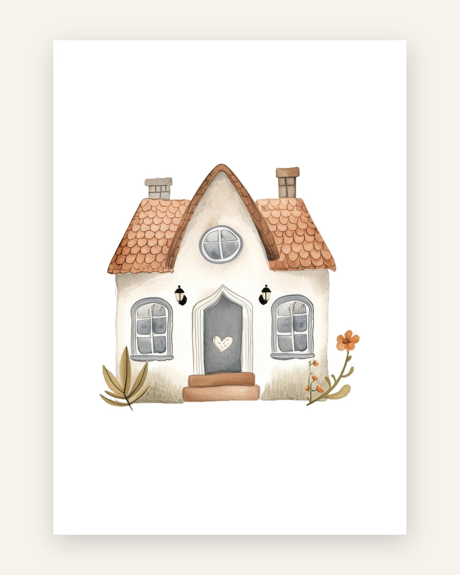Plakat med hyggeligt lille hus i beige