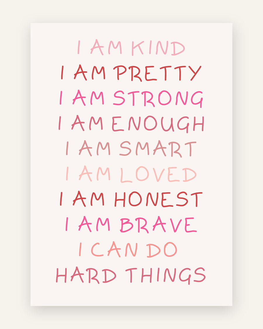 Børneplakat med i am kind affirmationer i lyserøde toner til pigeværelset