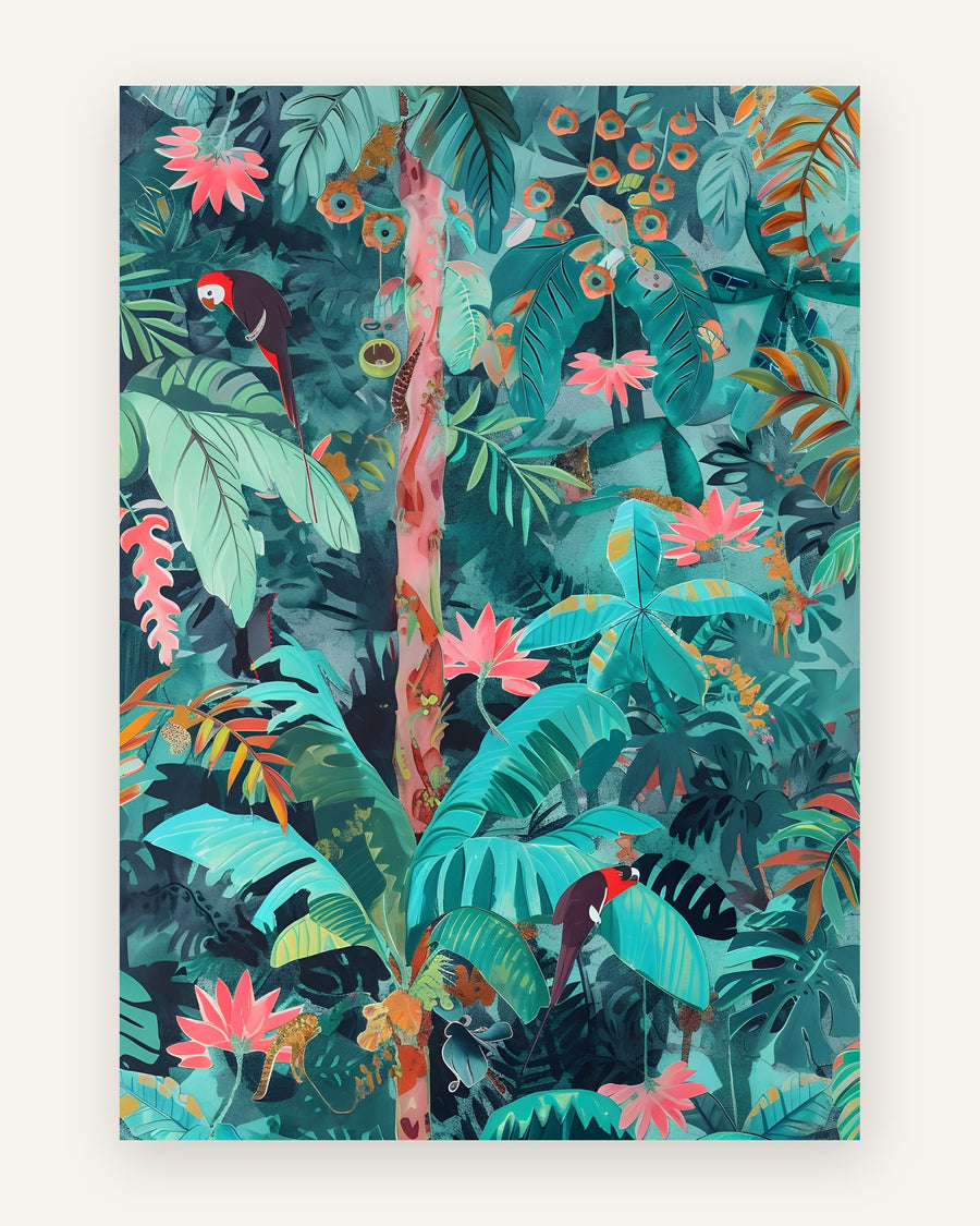 Børneplakat med jungle med papegøjer i grønne toner til børneværelset