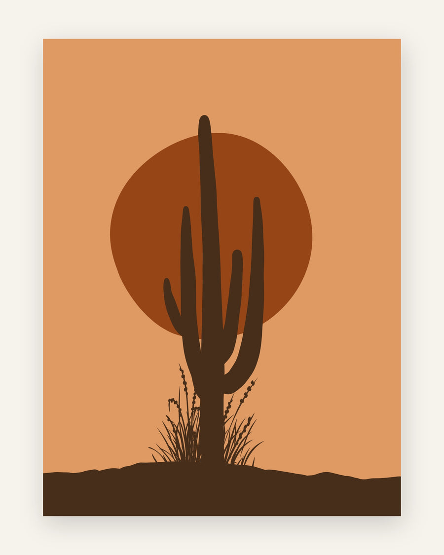 Minimalistisk plakat med mørkebrun kaktus i silhuet mod stor rustorange sol på apricot himmel til børneværelset