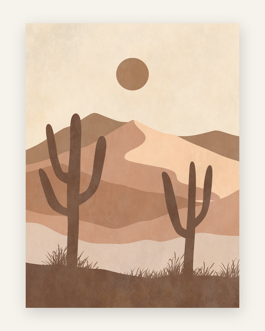 Boho-plakat med to brune kaktusser, lagdelte klitter og en sol i sandfarvede, beige og brune toner til børneværelset