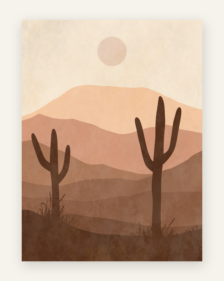 Boho-plakat med to brune kaktusser, lagdelte klitter i fersken, rosa og terracotta og bleg sol til børneværelset
