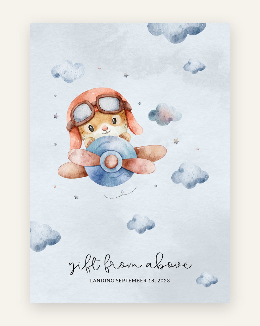 Børneplakat med kat pilot - gift from above i blå toner til drengeværelset