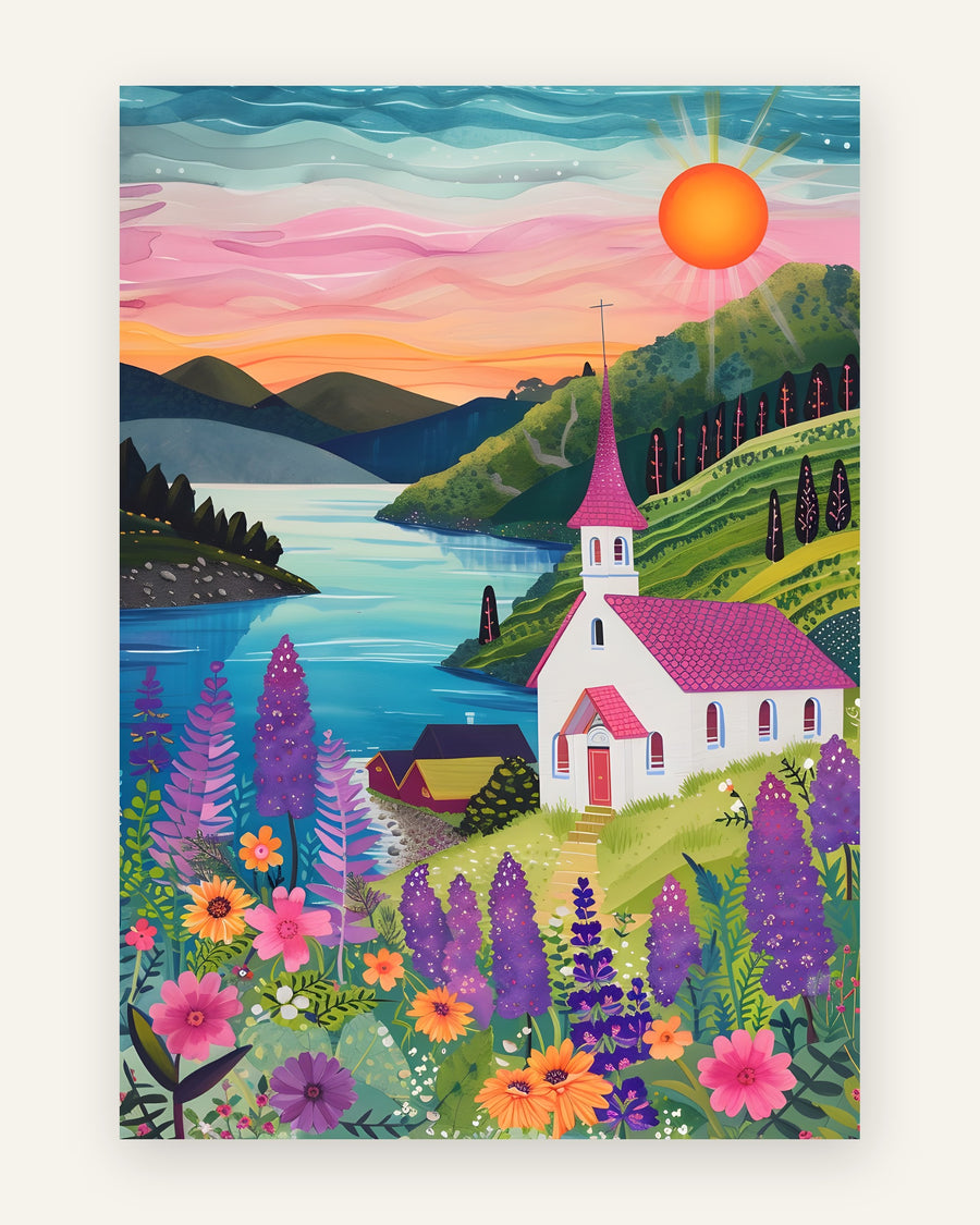 Plakat med kirke ved fjorden i friske farver