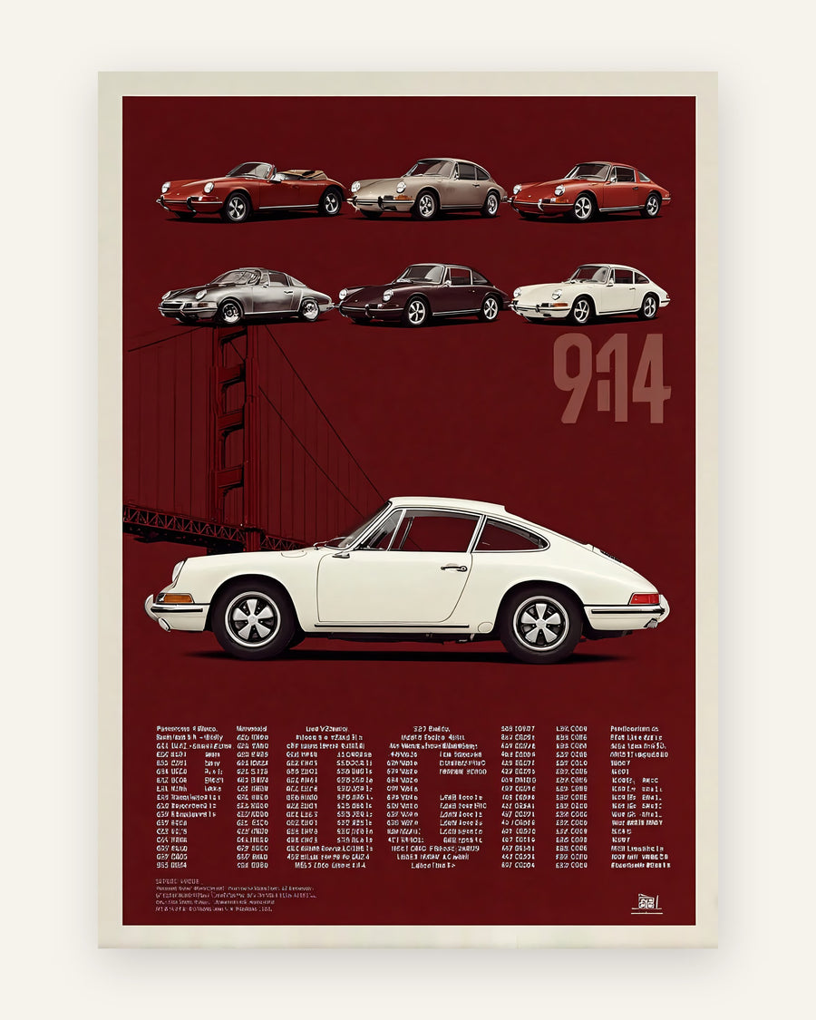 Vintage bilplakat med klassiske Porsche 911-modeller og en stor cremefarvet 911 på bordeauxrød baggrund