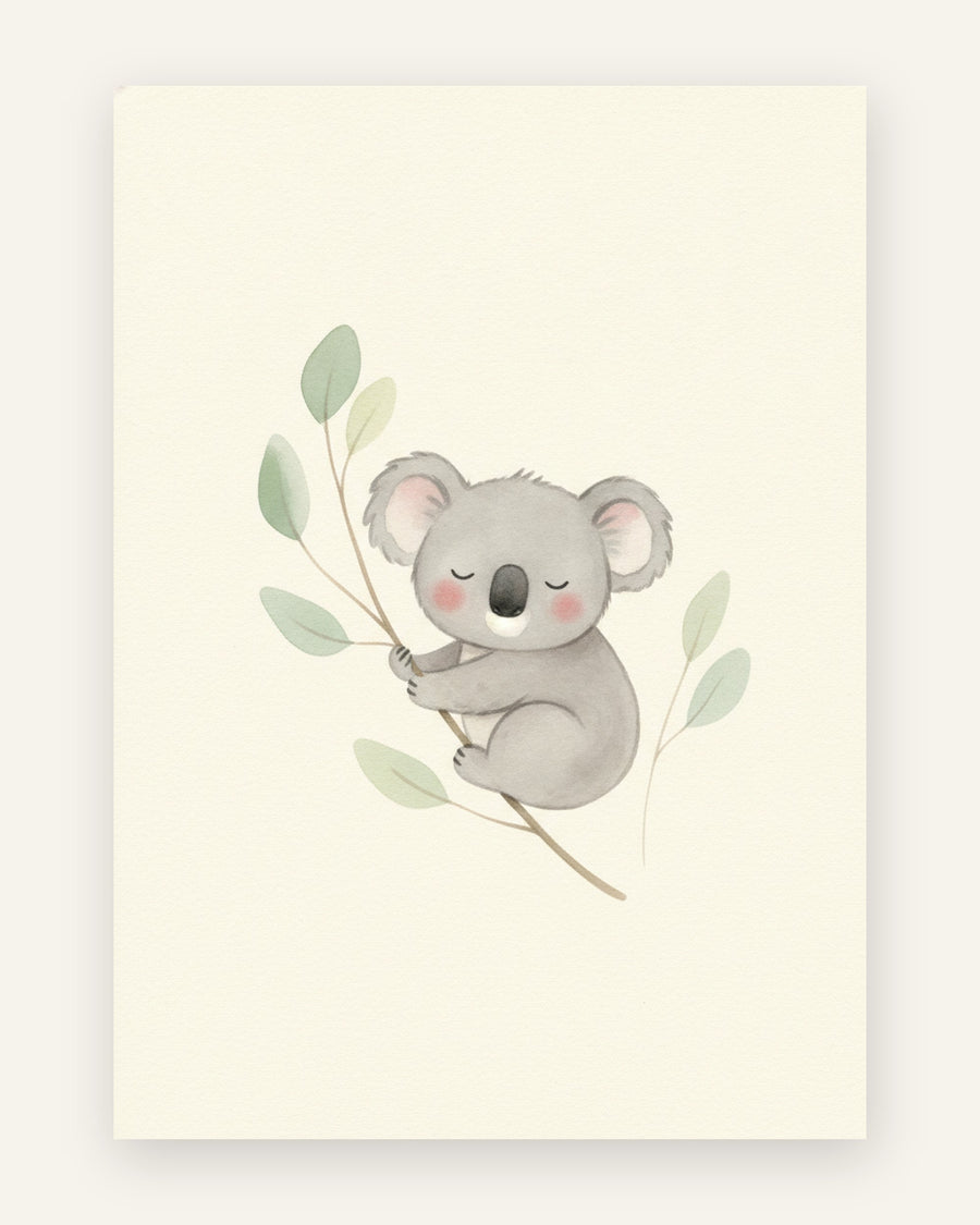 Plakat med grå koalaunge der krammer eukalyptusgren