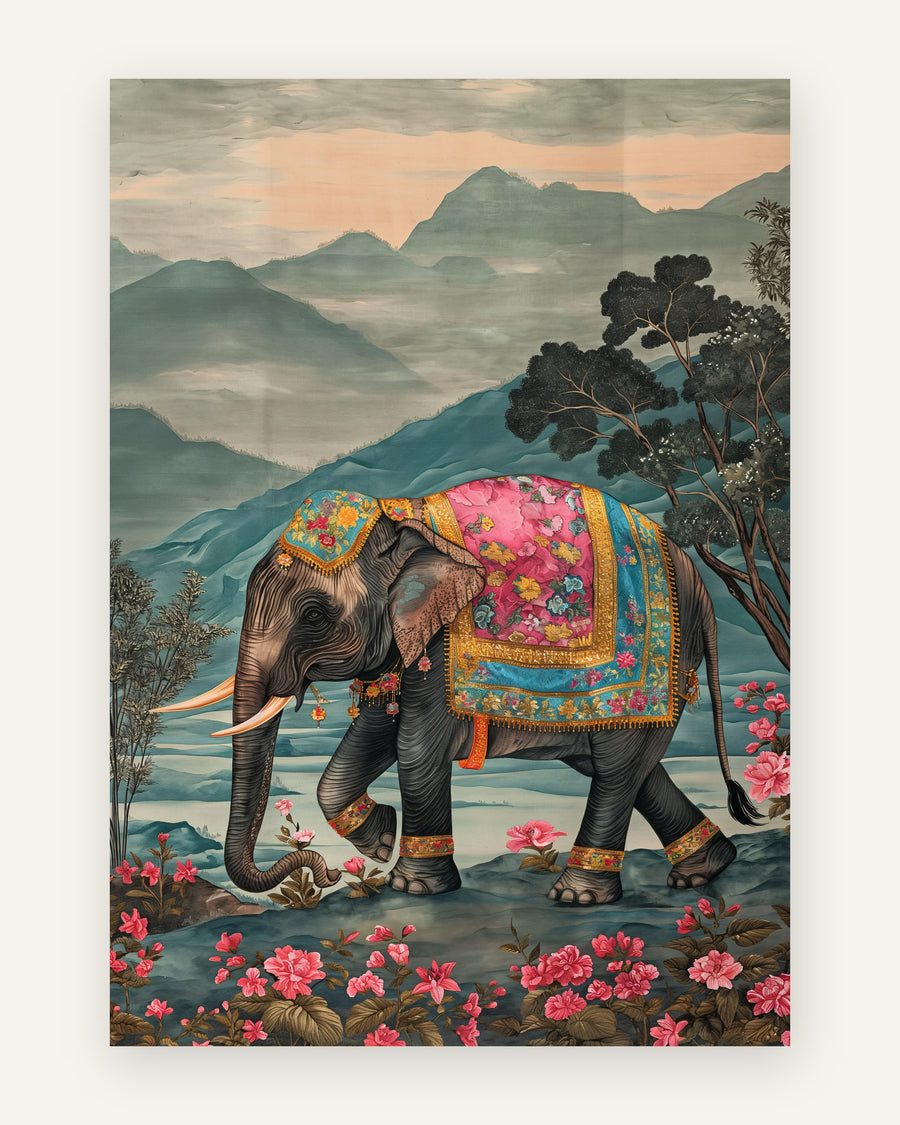 Børneplakat med kongelig elefant i blå toner til børneværelset