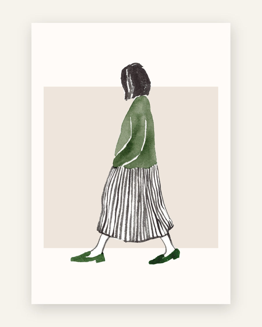 Børneplakat med kvinde i grøn sweater i grønne toner til pigeværelset
