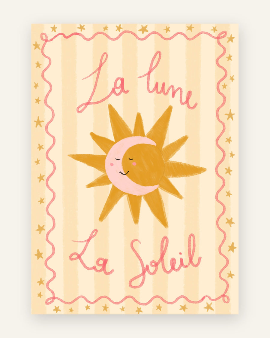 Børneplakat med la lune la soleil i gule toner til pigeværelset