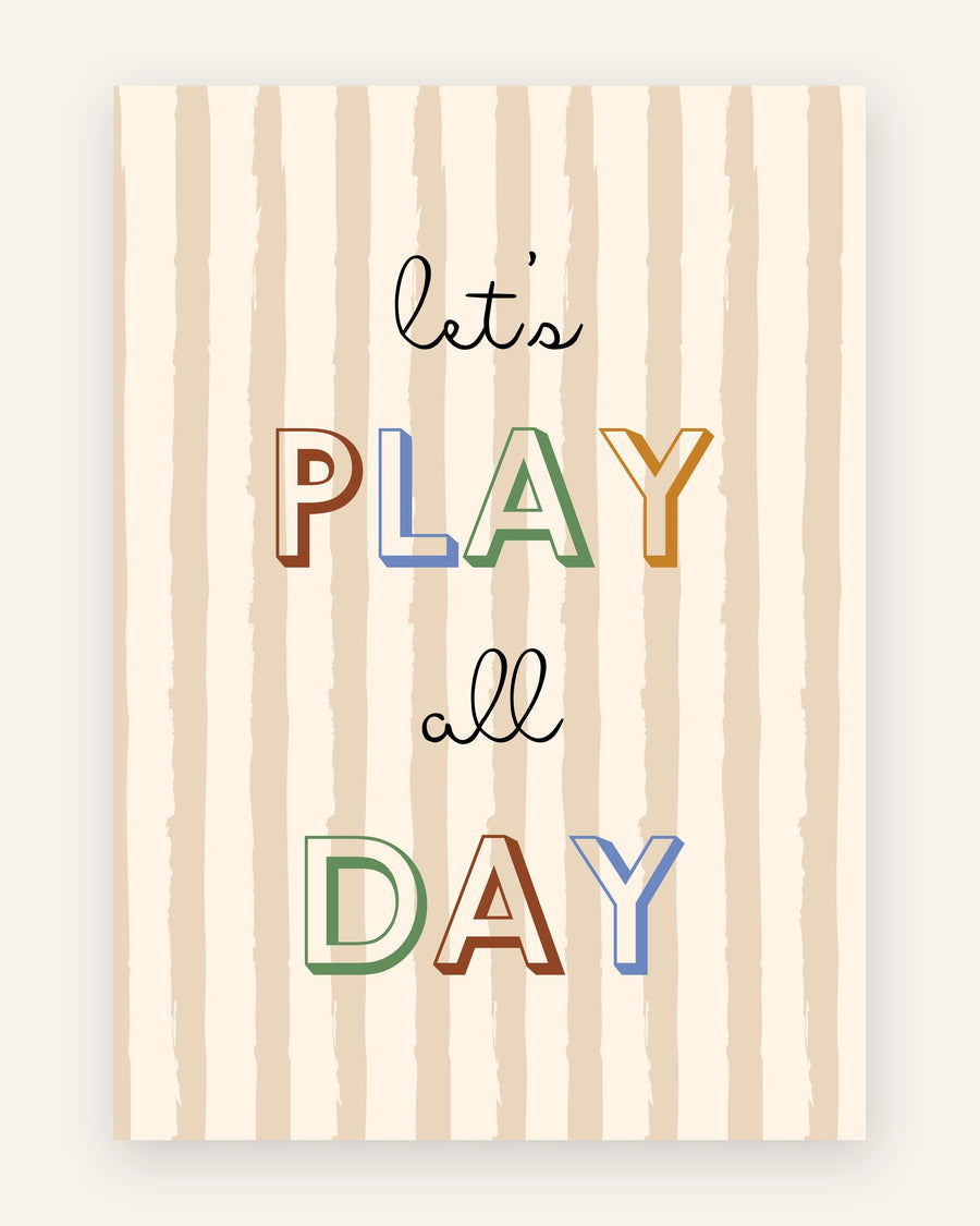 Børneplakat med let's play all day i friske farver til børneværelset