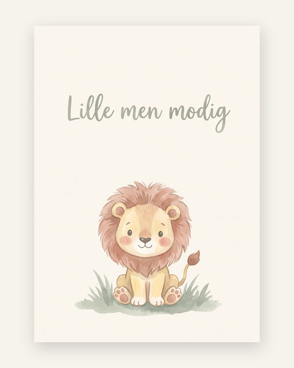 Citatplakat med løve og teksten Lille men modig