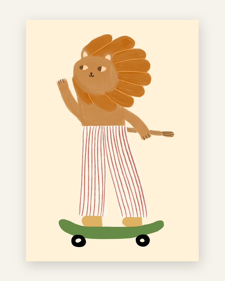 Børneplakat med løve på skateboard til børneværelset