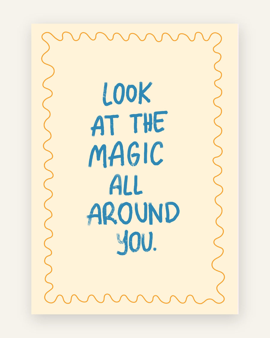 Børneplakat med look at the magic around you i blå toner til børneværelset