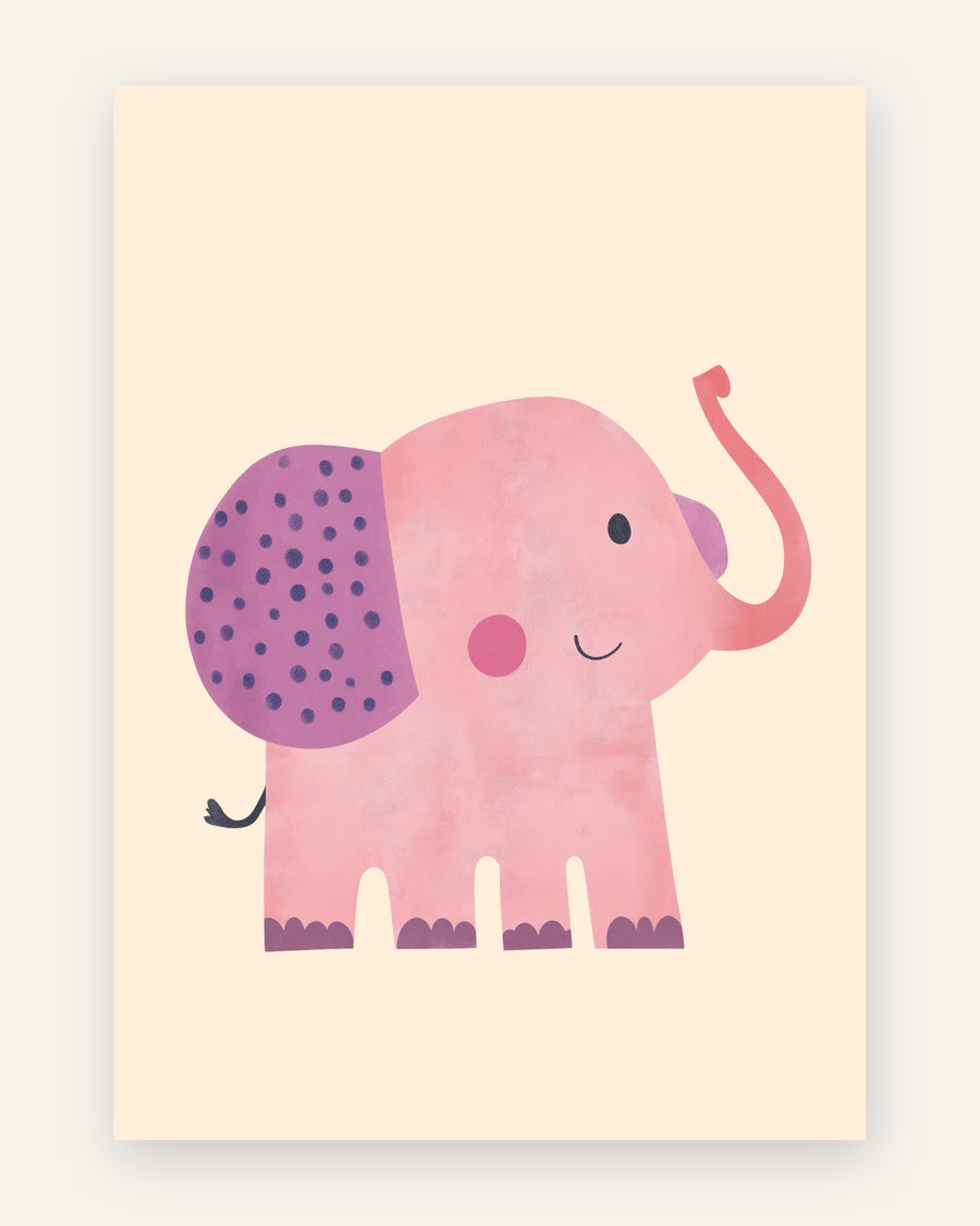 Børneplakat med lyserød elefant i lyserøde toner til pigeværelset