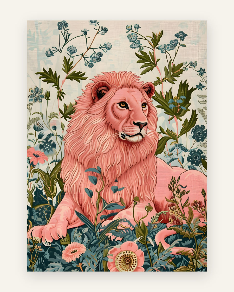 Børneplakat med lyserød løve med blomster i lyserøde toner til pigeværelset