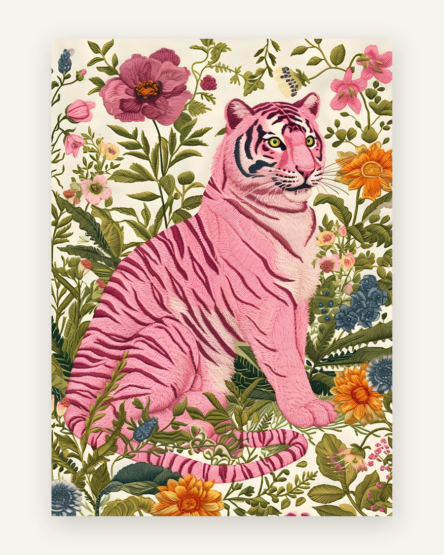 Børneplakat med lyserød tiger med blomster i lyserøde toner til pigeværelset