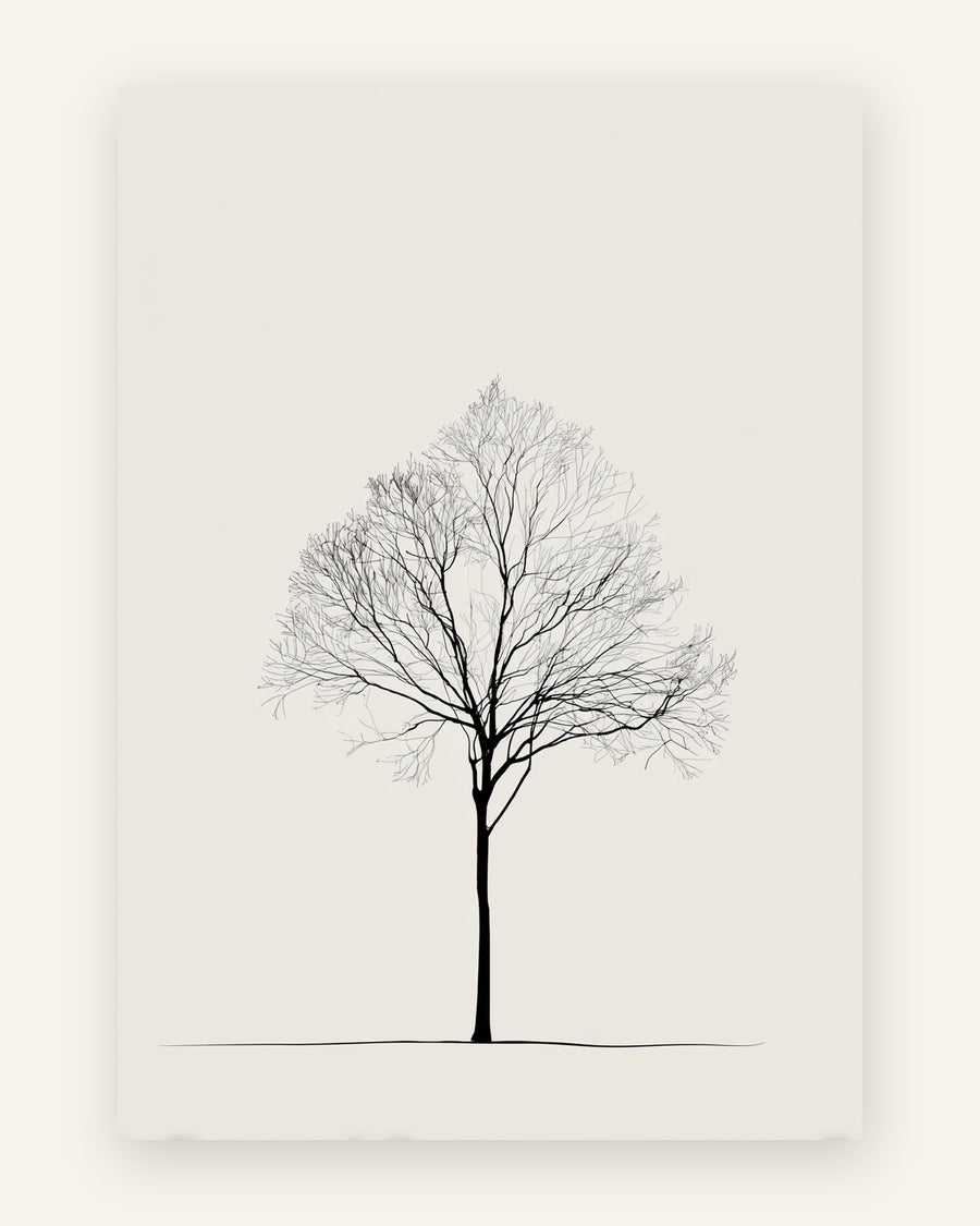 Minimalistisk plakat med et bladløst vintertræ tegnet i fine sorte streger med fyldig krone på cremehvid baggrund