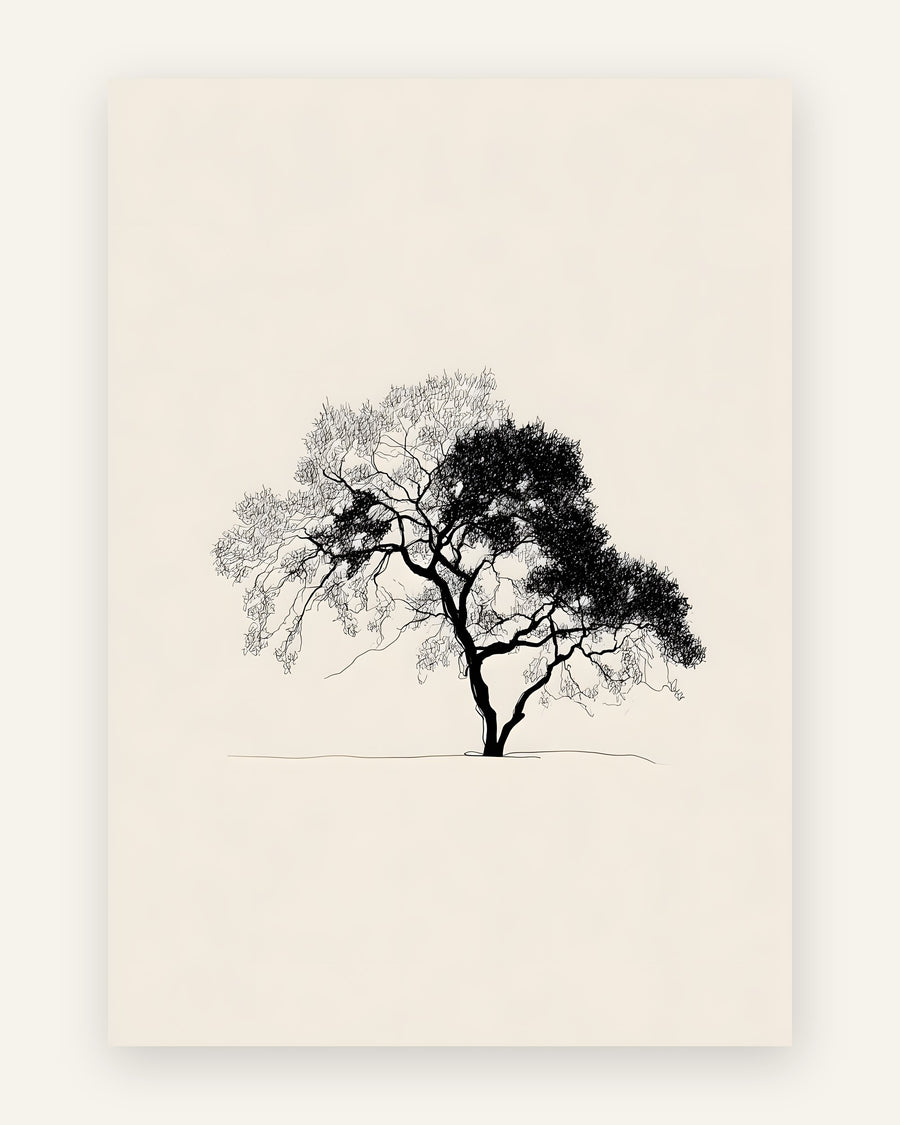 Minimalistisk plakat med et træ i sarte sorte streger på lys sandfarvet baggrund