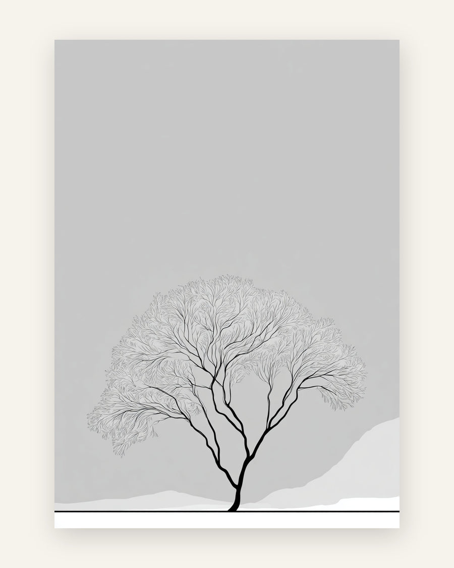 Minimalistisk plakat med et bladløst træ med bred vifteformet krone i fine sorte streger på en blød grå baggrund