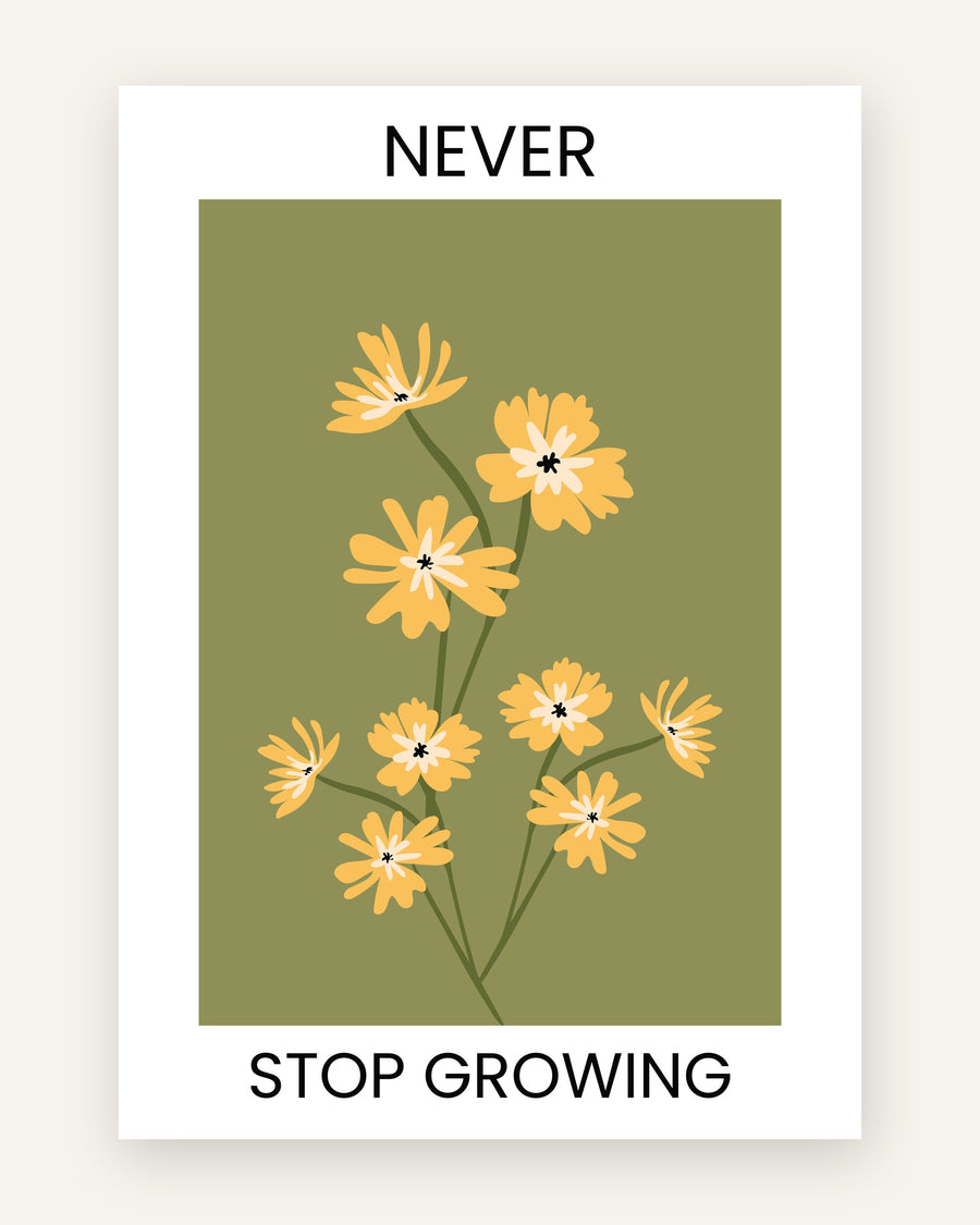 Børneplakat med never stop growing i gule toner til børneværelset
