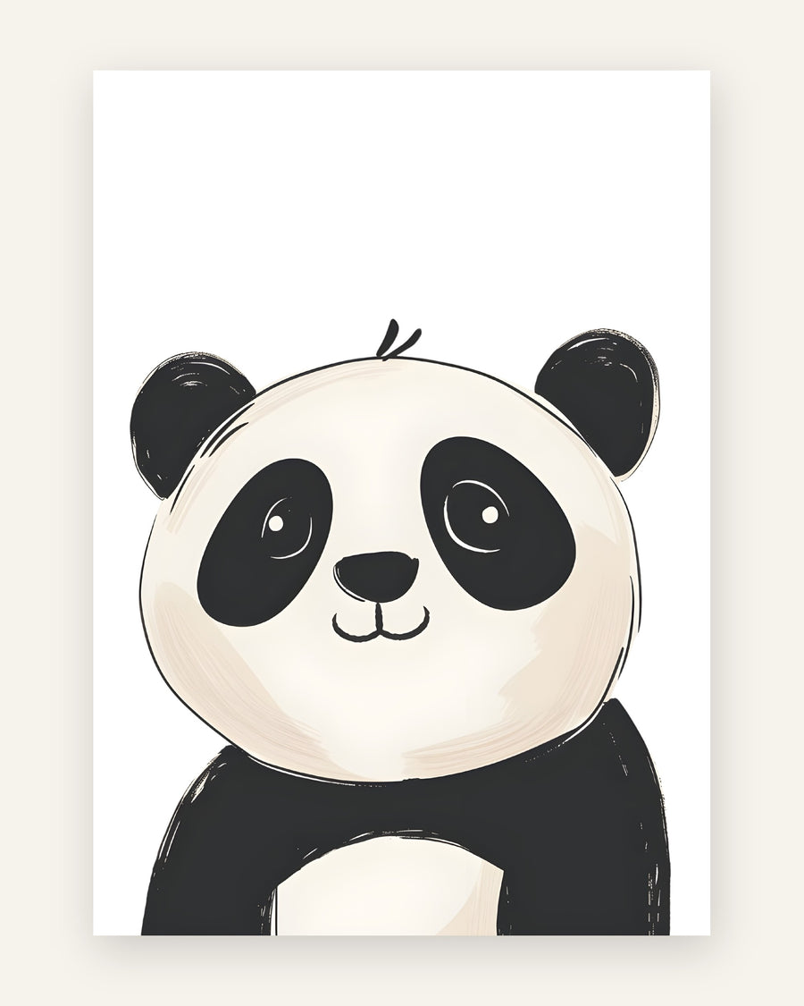 Børneplakat med sød håndtegnet sort-hvid panda med store øjne på hvid baggrund til børneværelset
