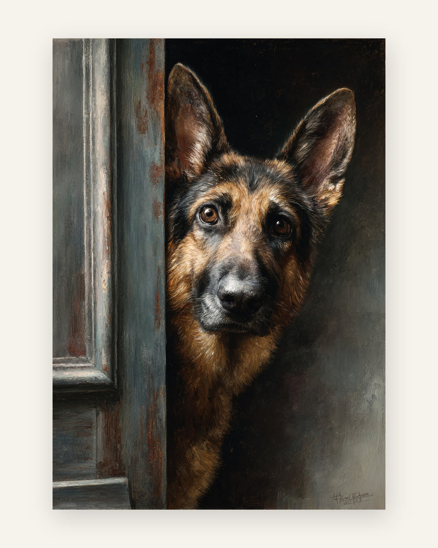 Plakat med en schæferhund, der kigger frem i en blågrå døråbning, i realistisk oliemaleri med mørk baggrund