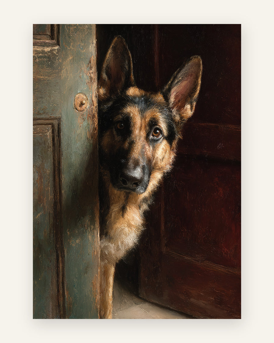 Plakat med en schæferhund, der kigger frem ved en grøn dør med messinggreb og mørk vinrød fylding, i klassisk oliemaleri
