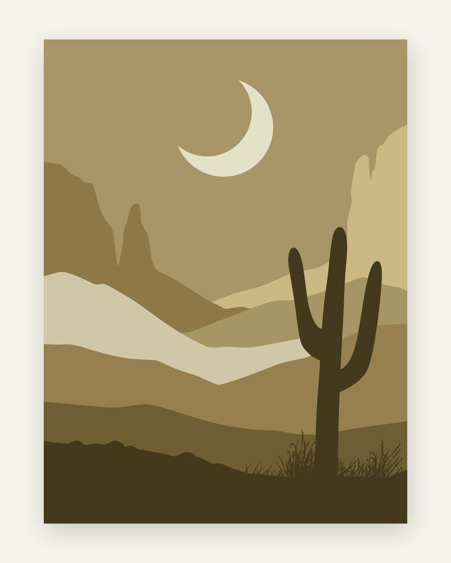 Minimalistisk plakat med en mørk kaktus-silhuet og en cremefarvet nymåne over lagdelte klitter i oliven og khaki