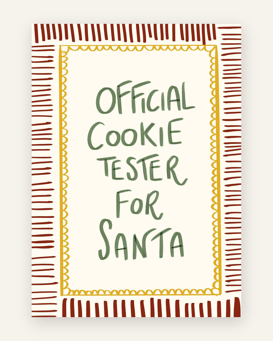 Børneplakat med official cookie tester i røde toner til børneværelset