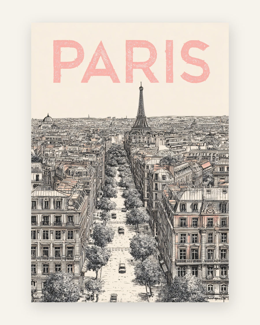 Plakat med paris skyline i lyserøde toner