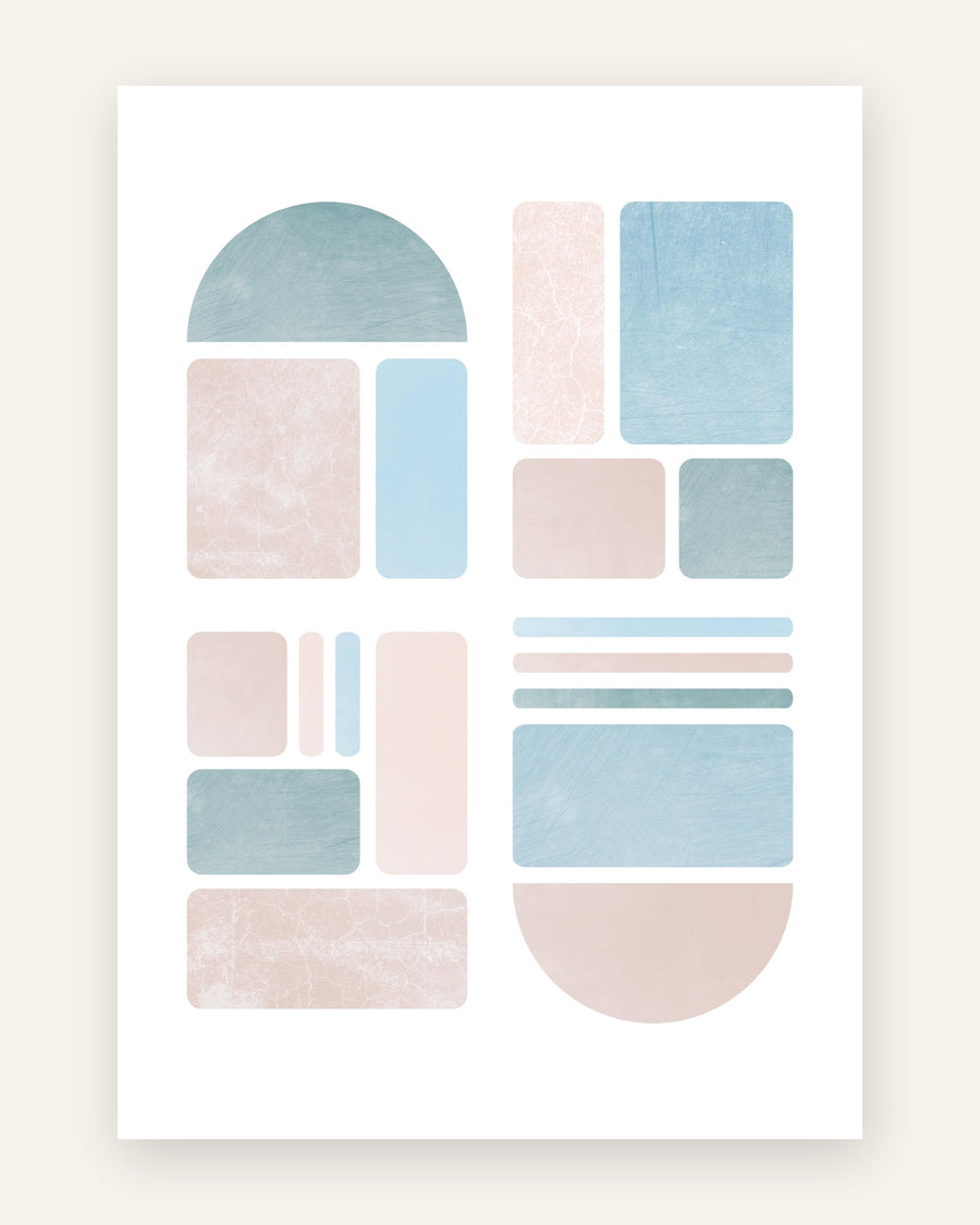 Børneplakat med pastel geometri collage i bløde pasteller til børneværelset