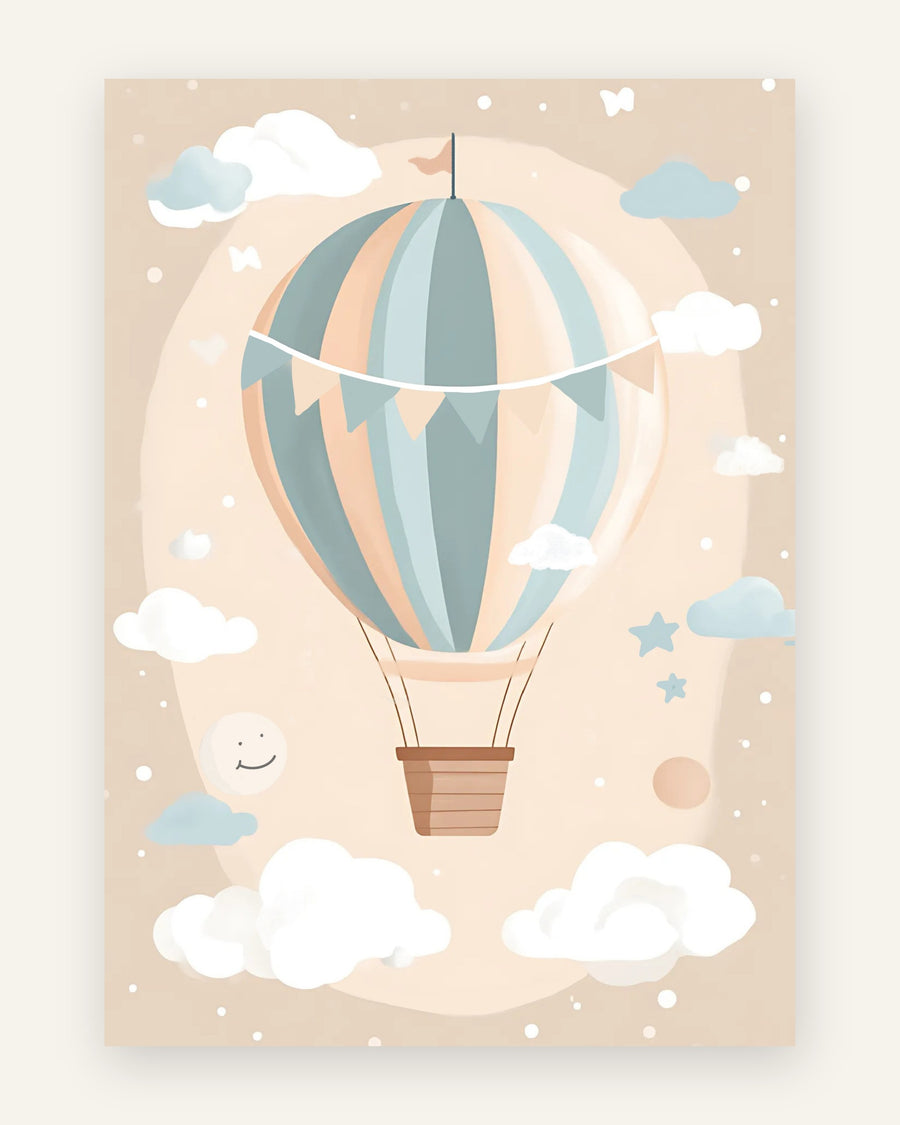 Børneplakat med pastel luftballon med skyer i bløde pasteller til børneværelset
