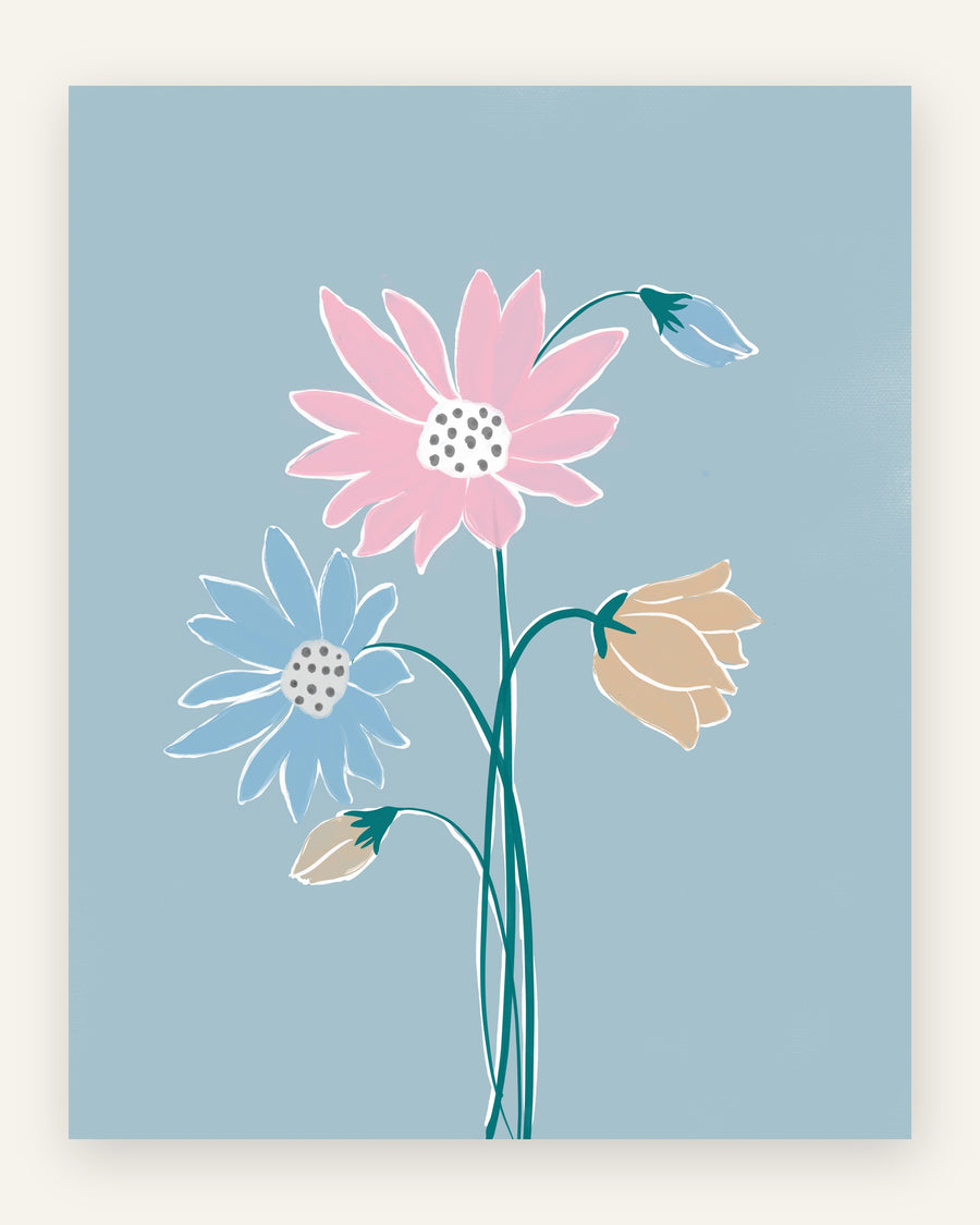 Børneplakat med pastelblomster på blå til børneværelset