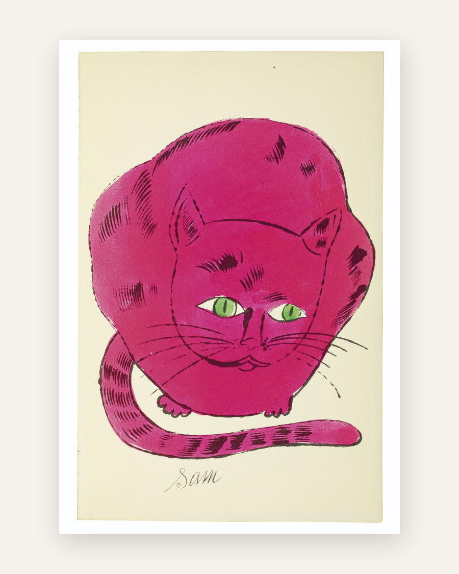 Børneplakat med en knaldpink kat med grønne øjne og teksten Sam på cremefarvet baggrund i pop-art-stil til pigeværelset