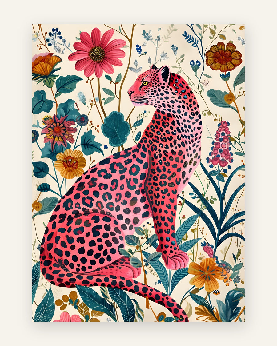 Børneplakat med pink leopard med blomster i lyserøde toner til pigeværelset