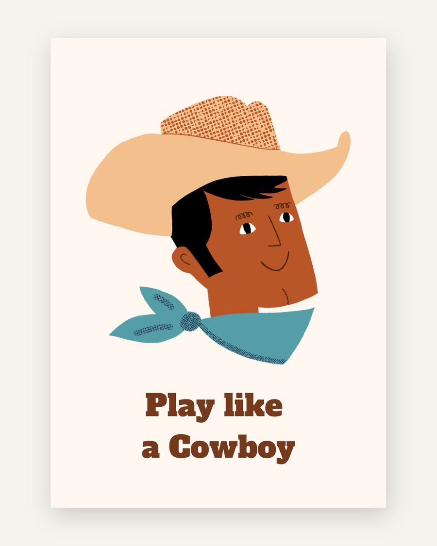 Børneplakat med play like a cowboy i beige til drengeværelset