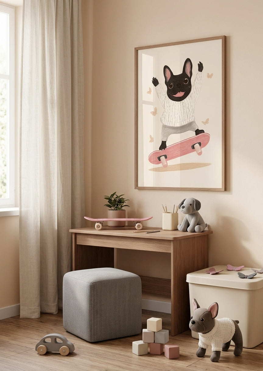 Sej plakat med hund på skateboard til drengeværelset