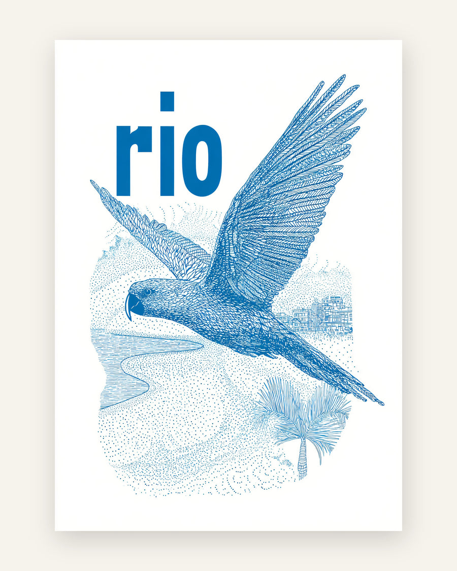 Plakat med rio papegøje i blå toner