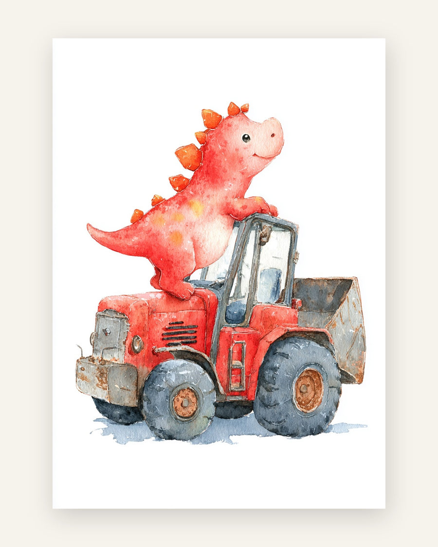 Børneplakat med rød dinosaur på traktor til børneværelset