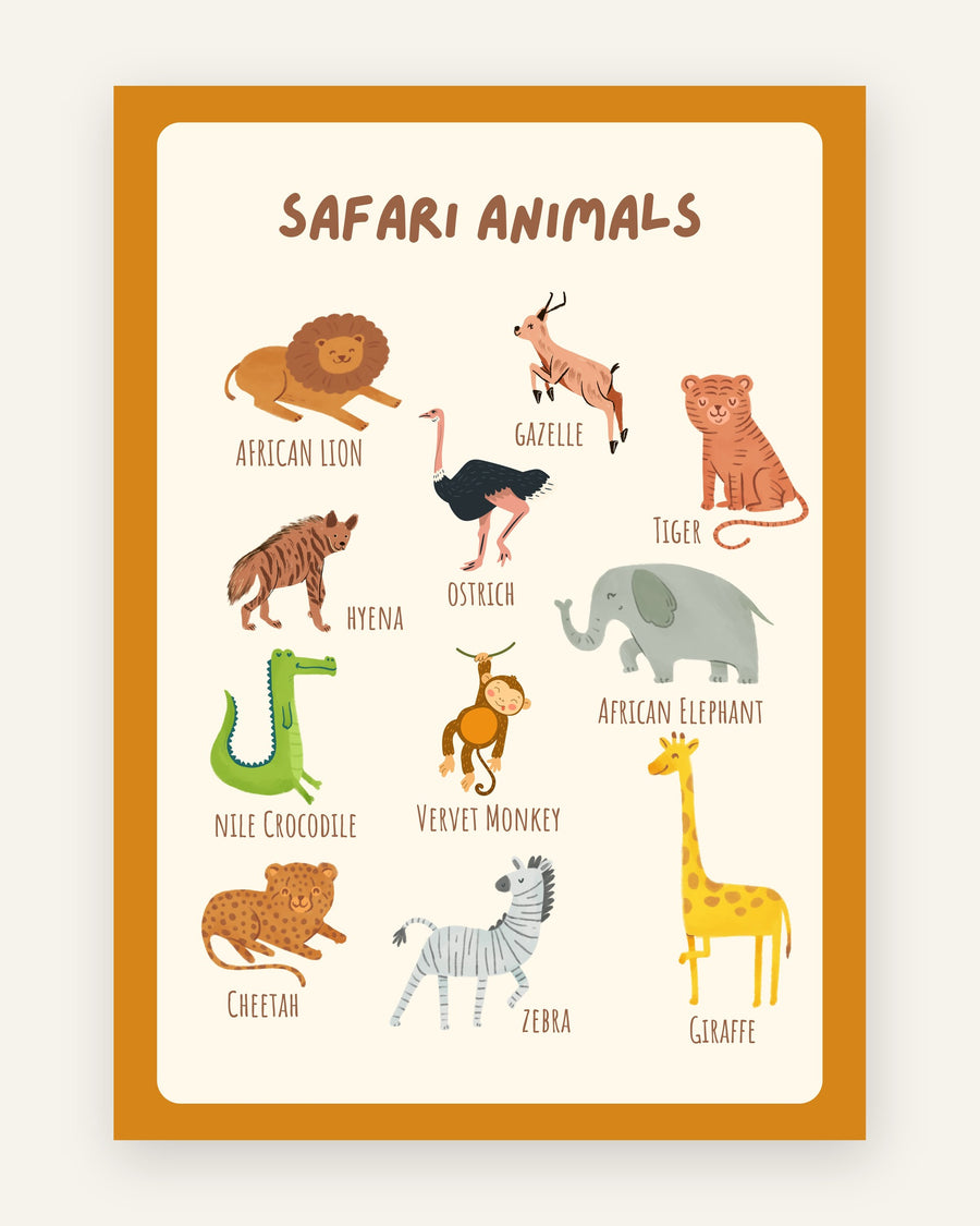 Børneplakat med safari dyr læringsplakat i friske farver til børneværelset