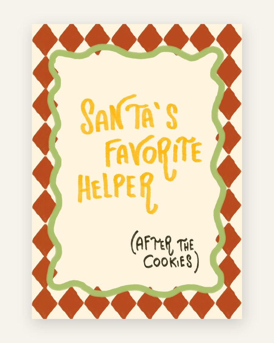 Børneplakat med santa's favorite helper i orange toner til børneværelset
