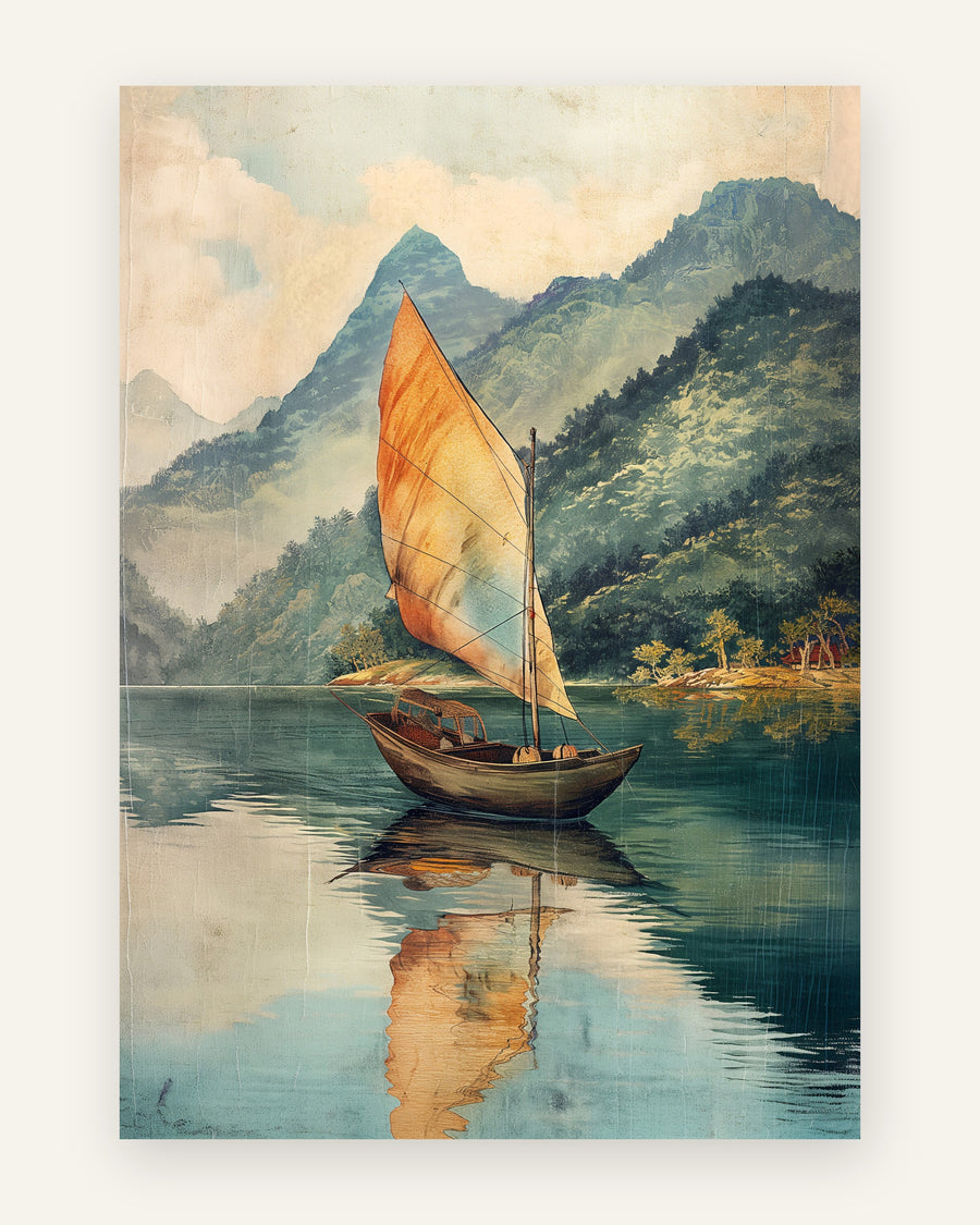 Børneplakat med sejlbåd ved fjord til børneværelset