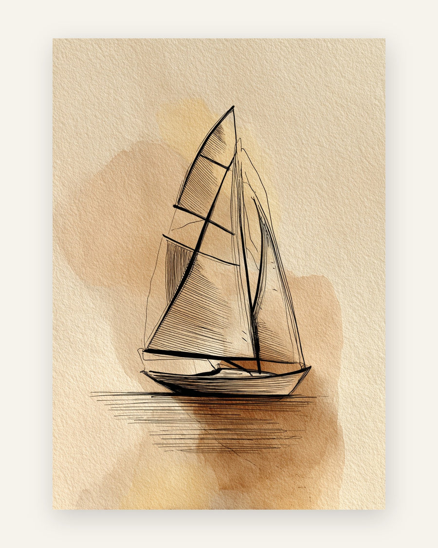 Sejlskib i sort stregtegning over en varm beige akvarelbaggrund i jordfarver