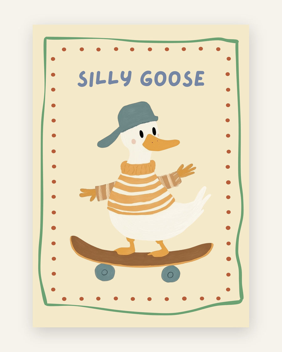 Børneplakat med silly goose på skateboard til børneværelset