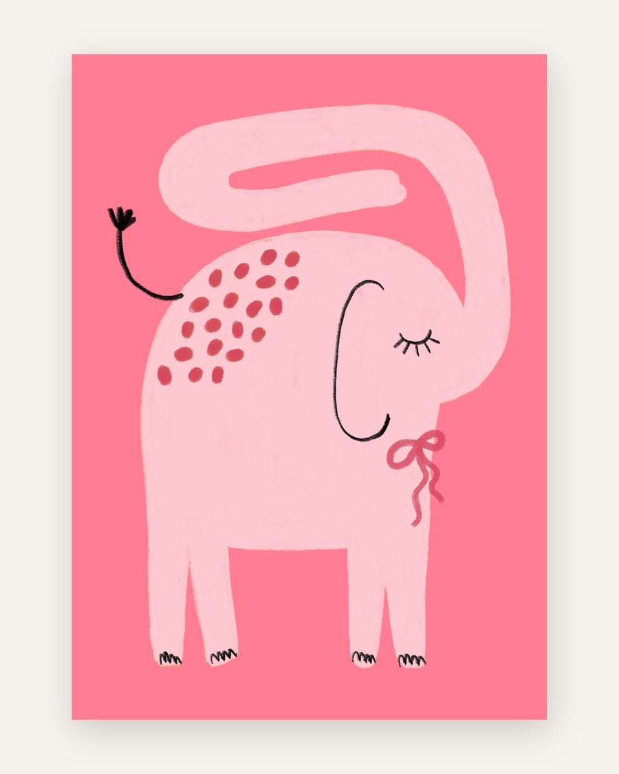 Børneplakat med sjov lyserød elefant i lyserøde toner til pigeværelset