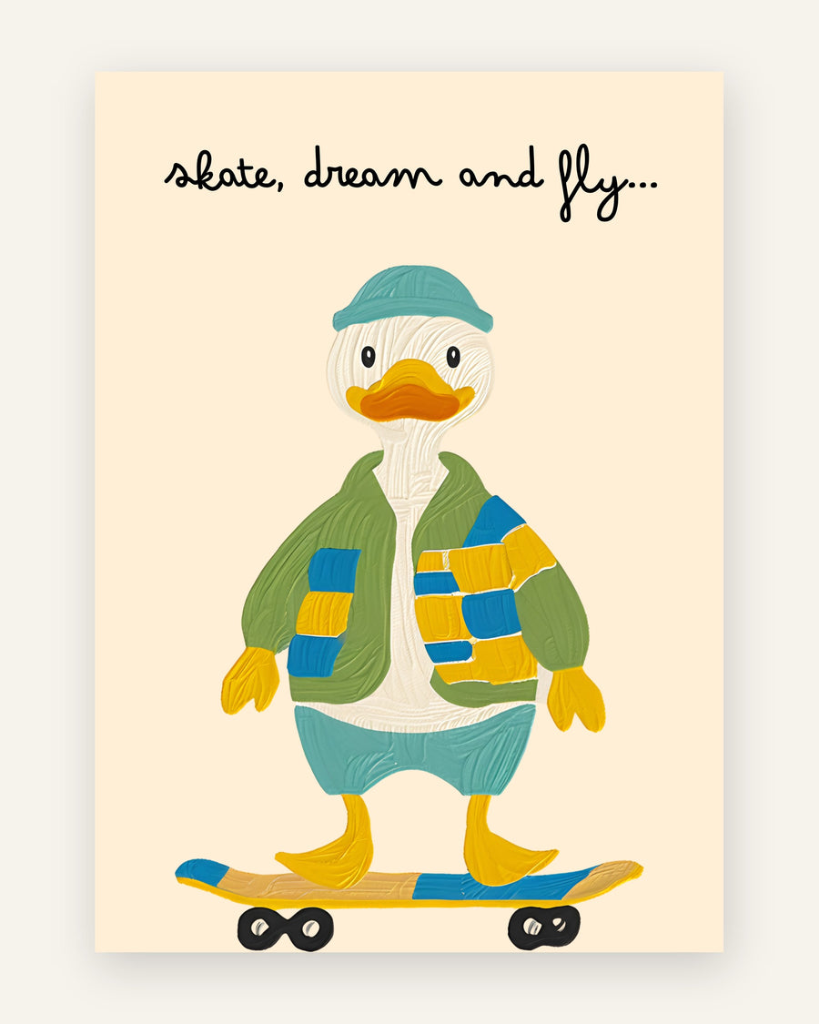 Børneplakat med skate dream and fly i grønne toner til drengeværelset