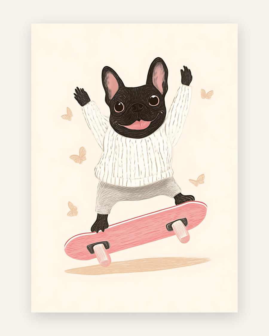 Børneplakat med skateglad fransk bulldog i lyserøde toner til børneværelset